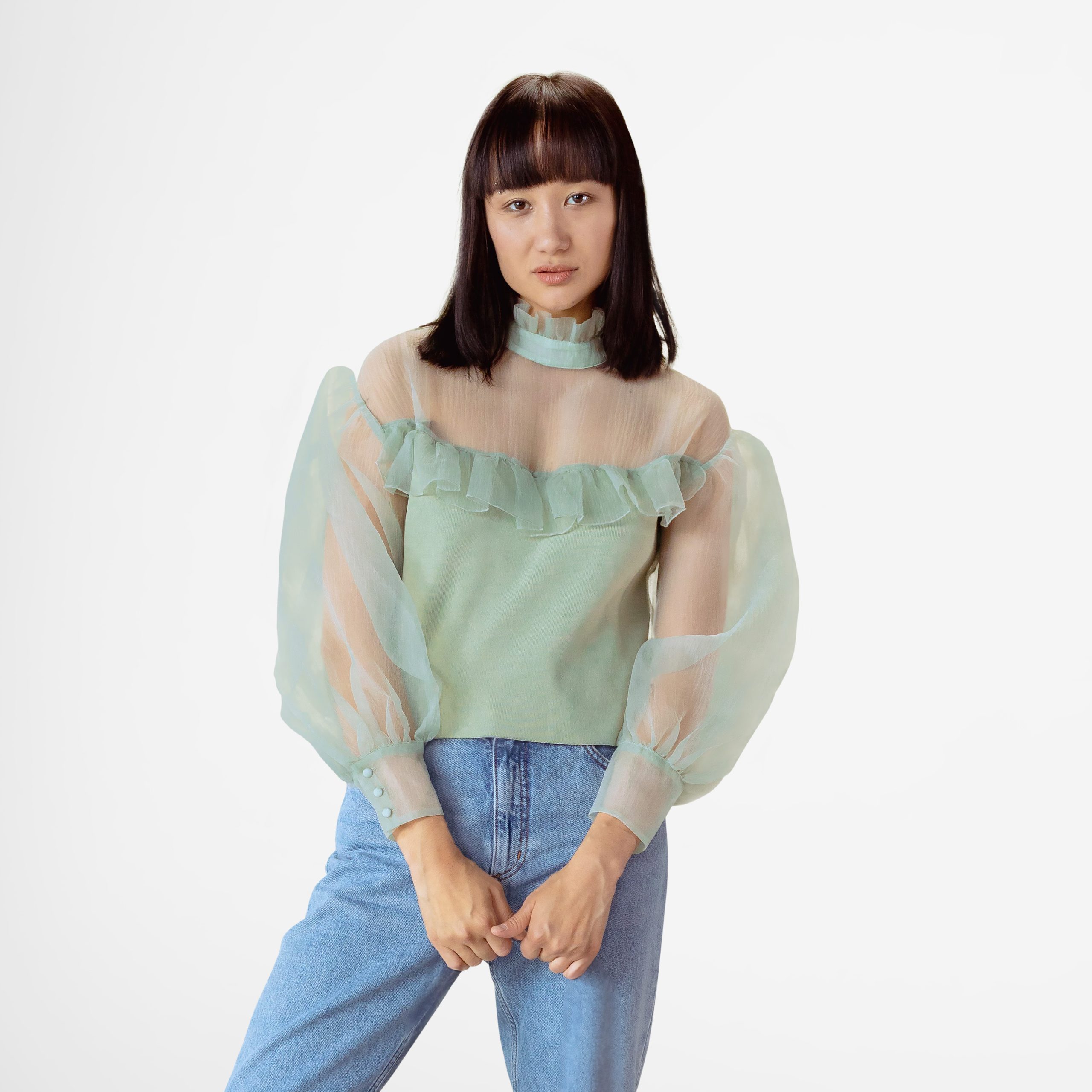 products post ruffled blouse with sheer puff sleeves scaled 1