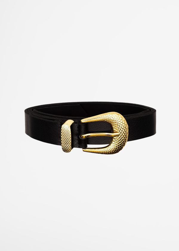 Black Leather Belt With Gold Buckle